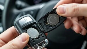 Car key fob with new battery installation, highlighting key fob functionality