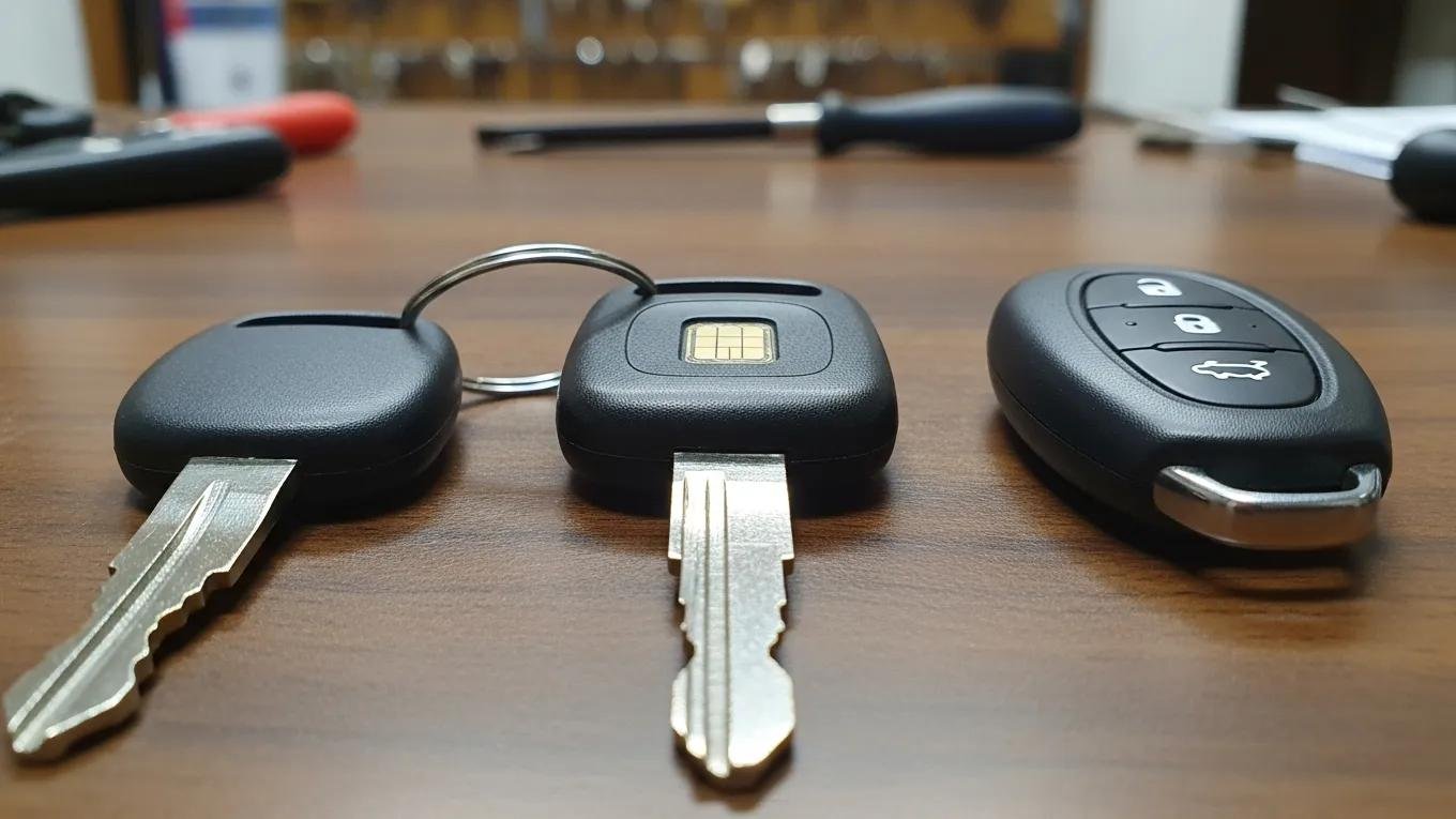 Different types of car keys including standard, transponder, and key fob