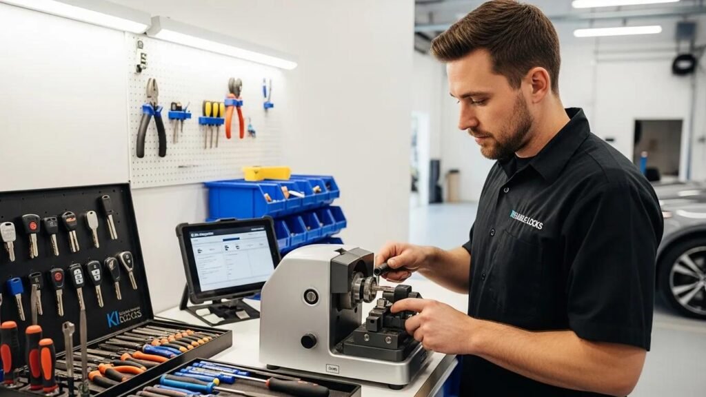 Locksmith cutting an automotive key in a professional garage setting