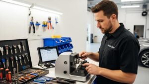 Locksmith cutting an automotive key in a San Antonio garage for key replacement.