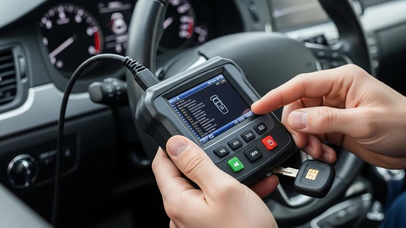 Locksmith programming a transponder key with diagnostic tools in a vehicle