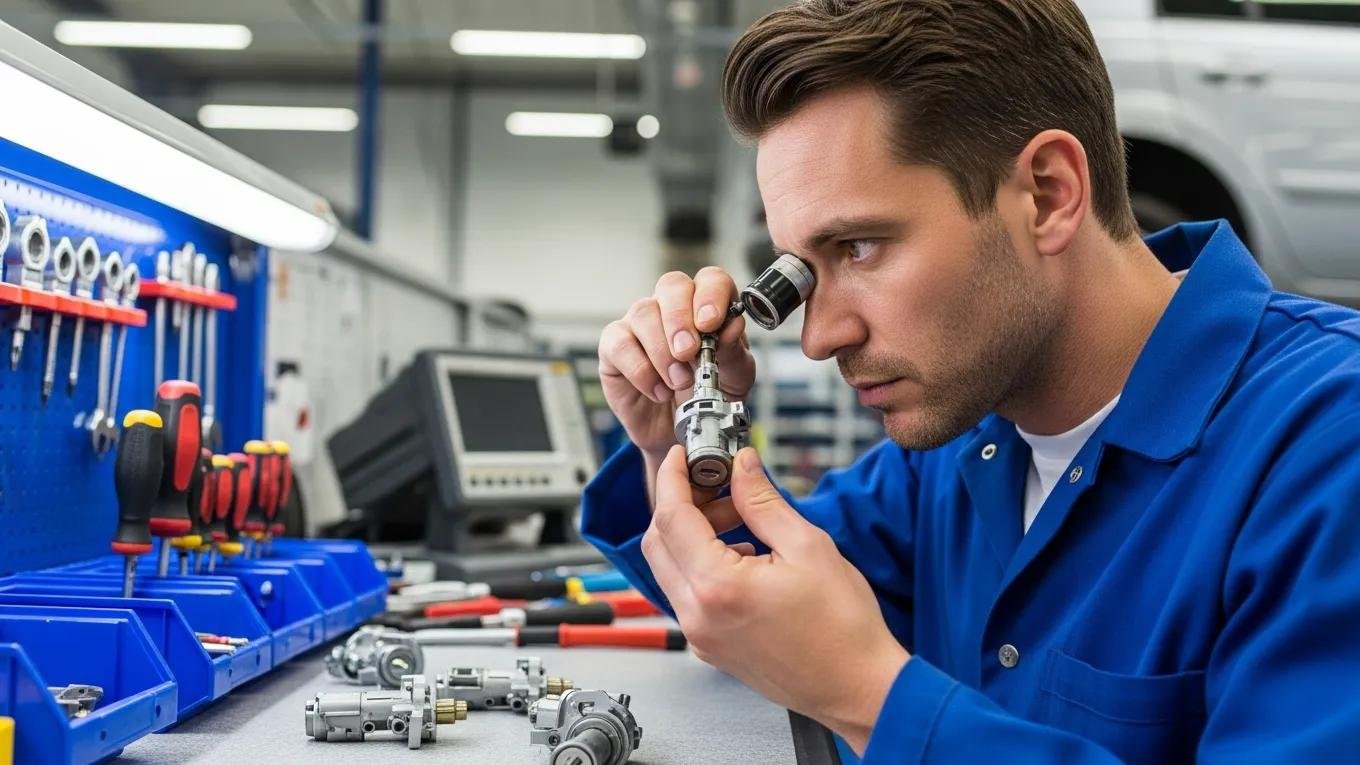 Mechanic inspecting ignition lock cylinder, emphasizing ignition issues