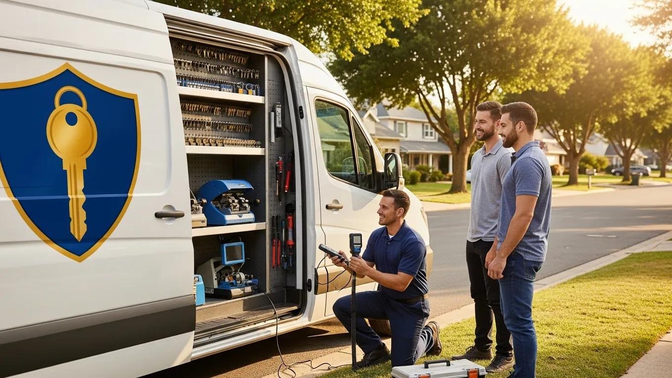 Mobile locksmith assisting a customer with on-site key programming