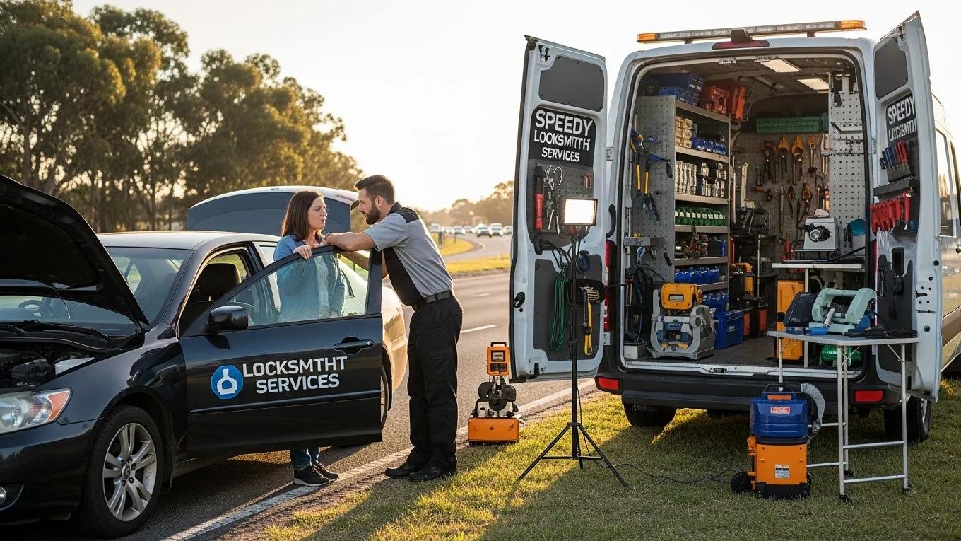 Mobile locksmith providing on-site key replacement service at the roadside