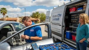 Mobile locksmith technician replacing a car key in San Antonio