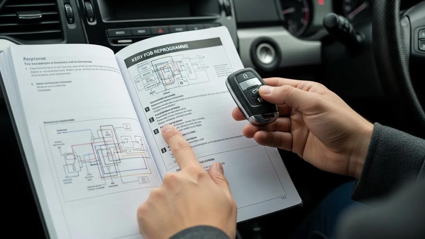 Person reprogramming a car key fob using a vehicle manual, illustrating key fob programming process