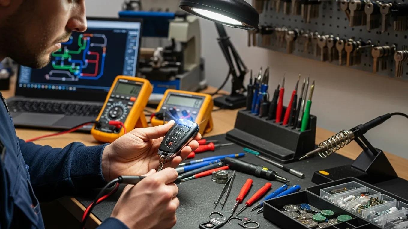 Professional locksmith diagnosing a car key fob, showcasing expertise in key fob repair