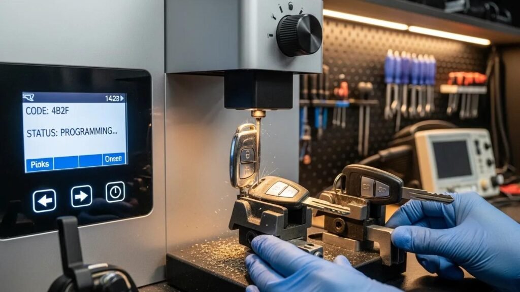 Car key programming process with a focus on a key cutting machine and automotive tools