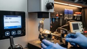 Car key programming process with a focus on a key cutting machine and automotive tools