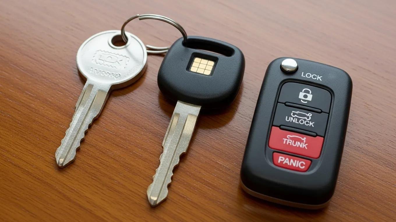 Different types of car keys including traditional, transponder, and key fob