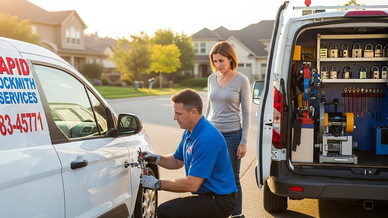 Mobile locksmith providing emergency car key programming services to a customer