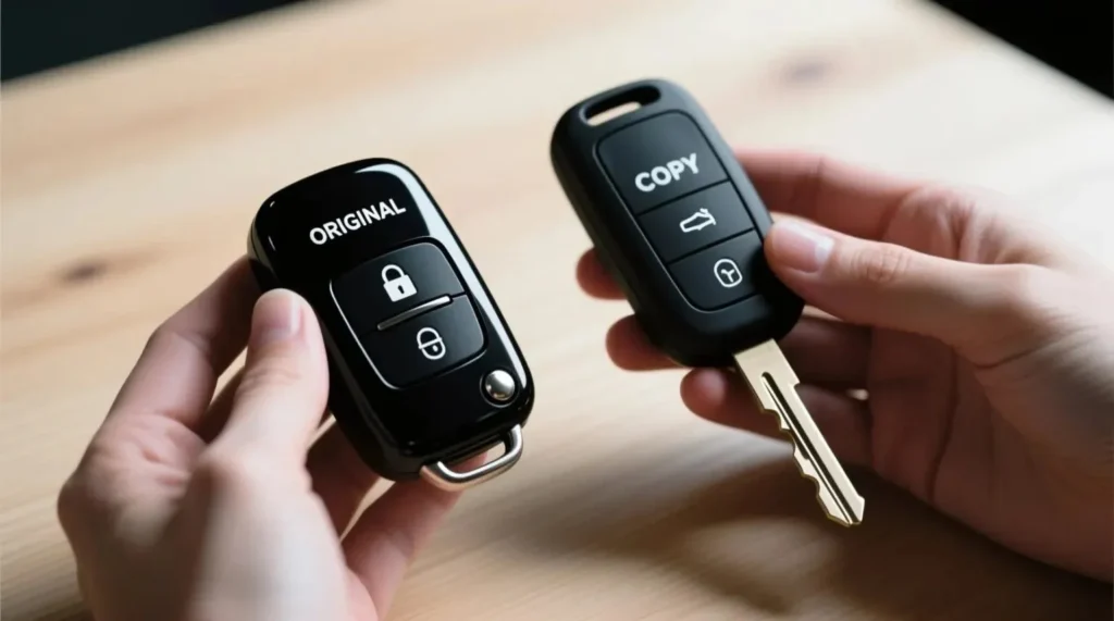 Car key duplication process with original and copy keys displayed.