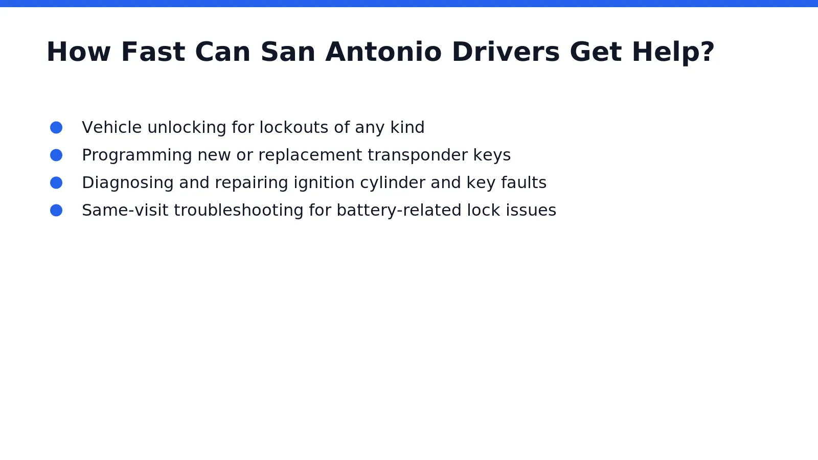 Speed matters most in a lockout, and San Antonio's mobile locksmith network delivers around-the-clock response